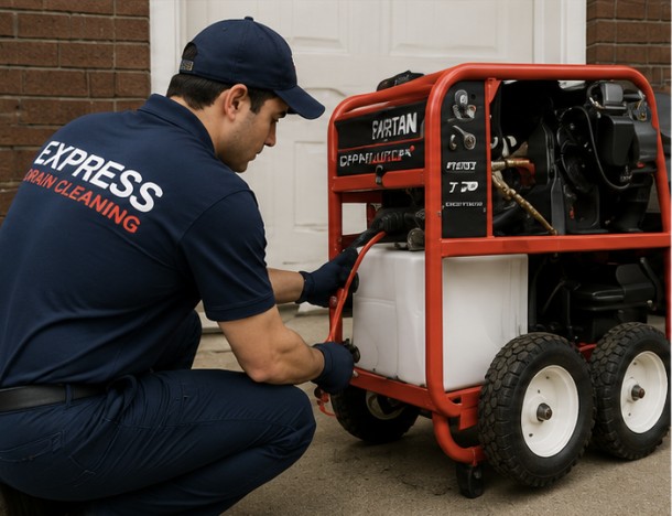 Emergency drain cleaning technician with high-pressure equipment Emergency drain cleaning technician with high-pressure equipment